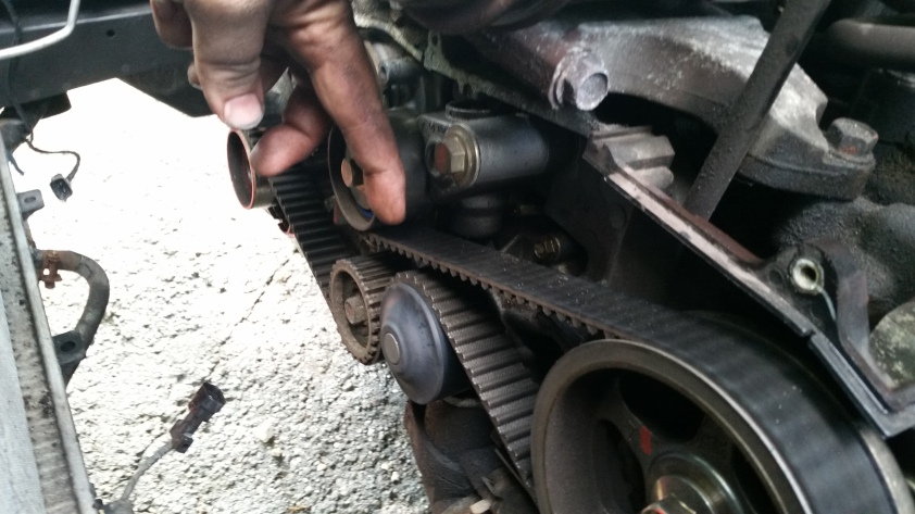 Old timing belt in place, exposed for me to work on